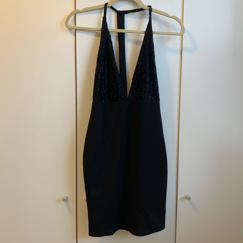 Lulus black lace deep v-neck open back mini dress